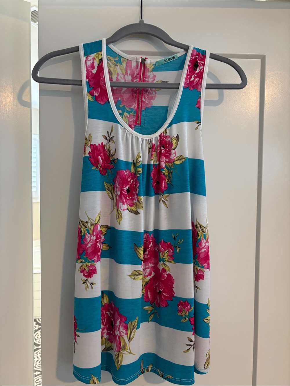 Floral Stripe Tank Top - Teal & Pink